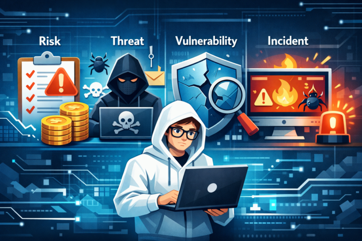 Ilustrasi konsep keamanan informasi menunjukkan risiko, ancaman, kerentanan, dan insiden dengan ikon sederhana