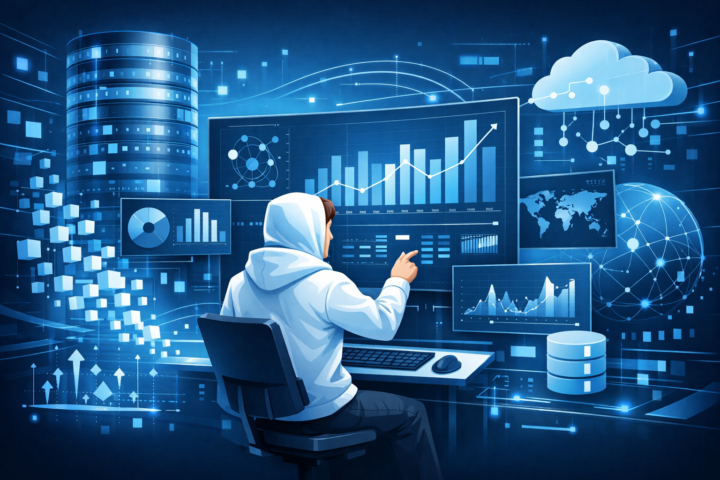 Ilustrasi konsep Big Data dengan grafik dan ikon teknologi