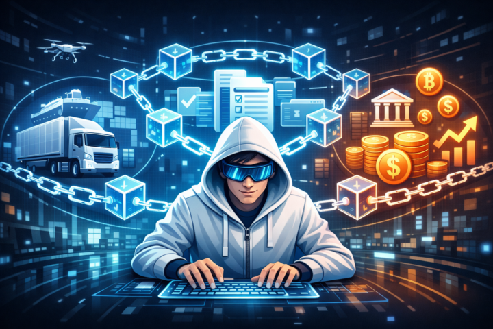 Grafik blockchain yang menghubungkan sektor logistik, keuangan, dan administrasi dalam konsep teknologi digital