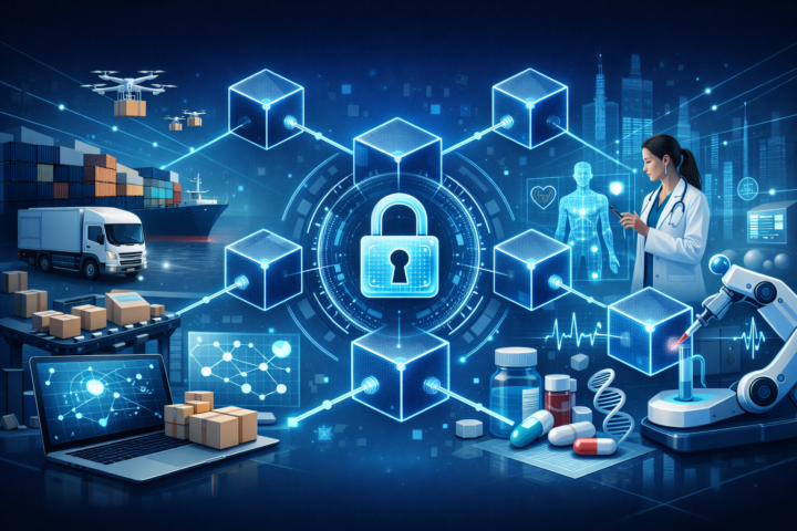 Ilustrasi penerapan teknologi blockchain di sektor logistik, rantai pasok, dan kesehatan