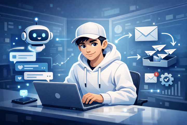 Ilustrasi bisnis menerapkan otomasi skala kecil menggunakan chatbot dan otomatisasi email