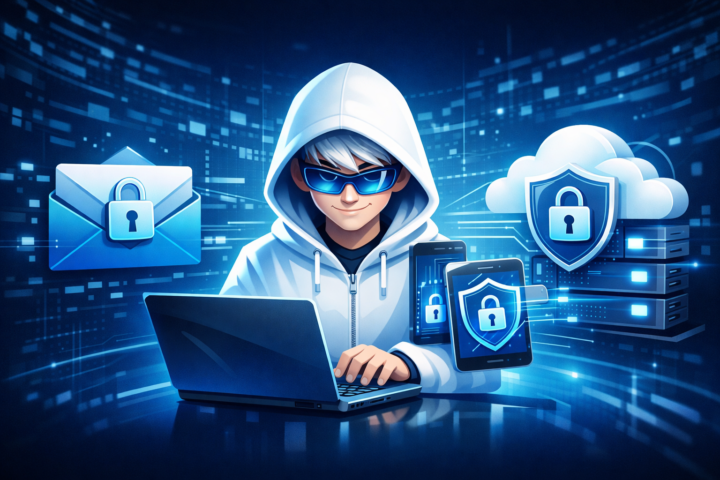 Ilustrasi keamanan data di email, endpoint, dan cloud dengan ikon kunci dan perisai