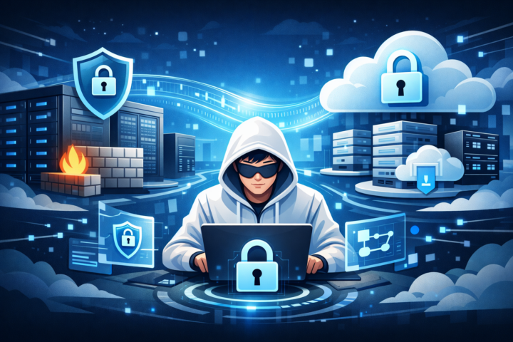 Ilustrasi keamanan siber di lingkungan hybrid dengan jaringan data dan simbol gembok