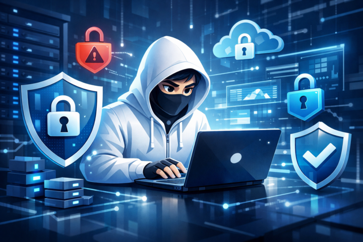 Ilustrasi perlindungan data digital dengan ikon gembok dan perisai untuk keamanan data