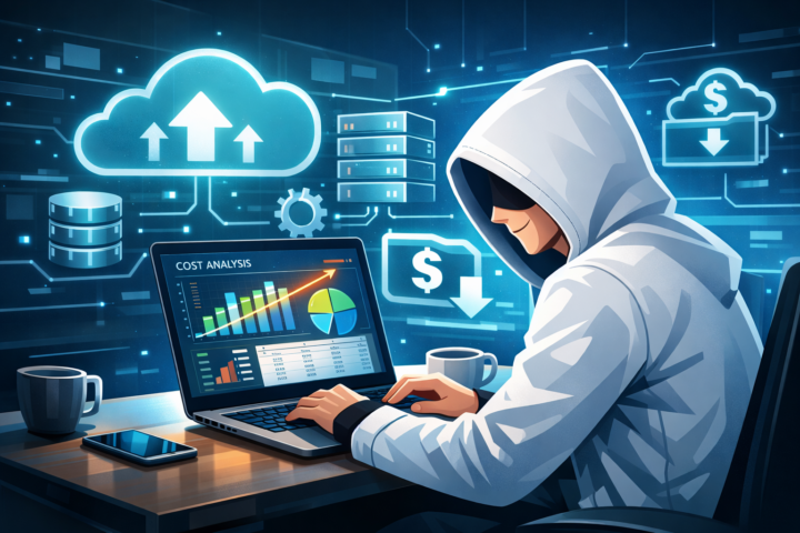 Orang menggunakan laptop untuk menganalisis biaya cloud computing dengan grafik dan ikon awan digital