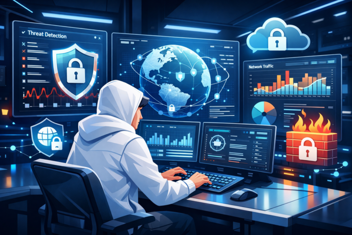 Dashboard keamanan jaringan menampilkan grafik deteksi ancaman dan data analitik dalam ruangan kontrol teknologi tinggi