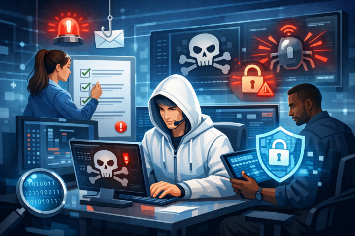 Tim respons insiden keamanan siber yang sedang bekerja dengan ikon keamanan digital dan daftar periksa