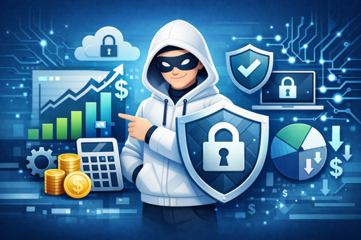 Ilustrasi prioritas keamanan siber dengan anggaran terbatas, menampilkan ikon perisai digital dan grafik biaya