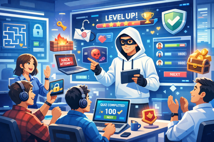 Ilustrasi program keamanan siber interaktif dengan karyawan di kantor belajar melalui gamifikasi dan animasi