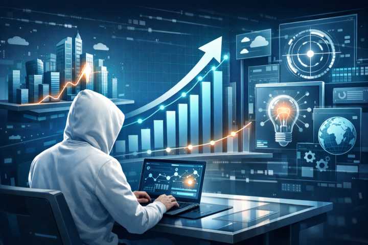 Ilustrasi strategi teknologi jangka panjang dengan grafik pertumbuhan dan elemen digital bisnis