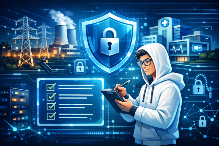 Ilustrasi checklist evaluasi kesiapan siber untuk infrastruktur strategis seperti jaringan listrik dan fasilitas kesehatan