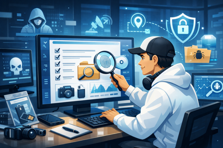 Ilustrasi checklist kesiapan forensik digital pada layar komputer dengan ikon keamanan siber dan alat analisis bukti digital