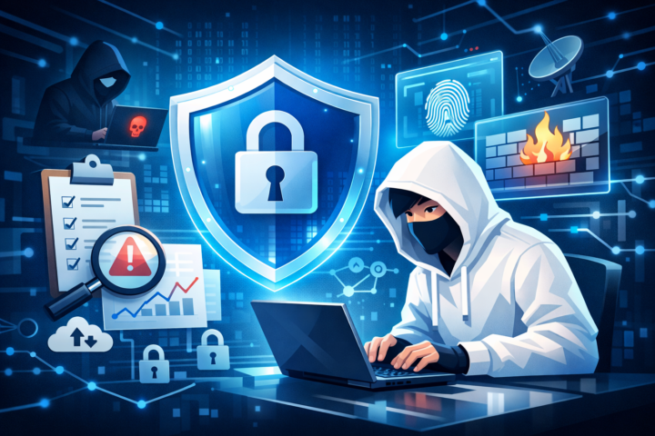 Ilustrasi perlindungan keamanan siber organisasi modern dengan simbol analisis risiko dan teknologi pertahanan