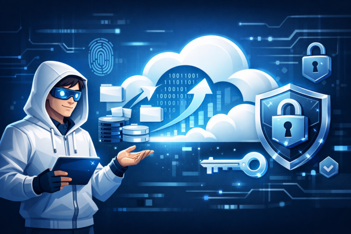 Ilustrasi checklist migrasi aman ke cloud dengan simbol keamanan dan ikon awan