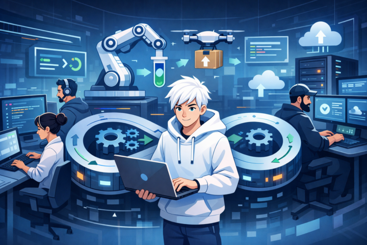 Diagram alur kerja CI/CD dengan pengembangan kode, pengujian otomatis, dan pengiriman perangkat lunak