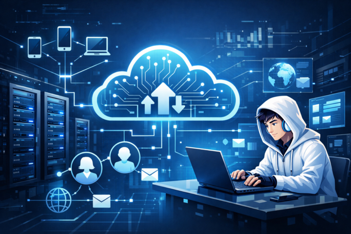 Ilustrasi cloud computing dengan awan digital dan koneksi antar pengguna melalui internet