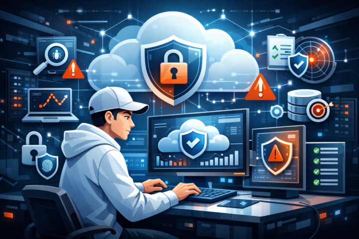 Ilustrasi keamanan cloud dengan ikon perisai dan proteksi data pada layanan cloud