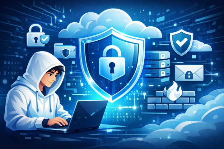 Ilustrasi keamanan cloud dengan ikon perisai digital dan perlindungan data