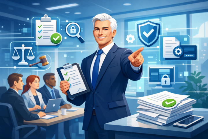 Ilustrasi konsep compliance bisnis dengan dokumen, teknologi, dan pimpinan memimpin tim di kantor modern