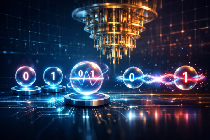 Ilustrasi konsep dasar quantum computing dengan qubit dan superposisi