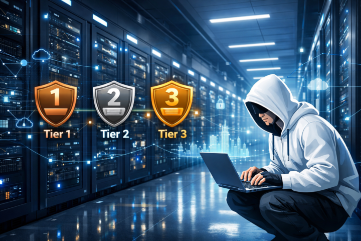 Data center modern dengan ilustrasi klasifikasi tier untuk bisnis