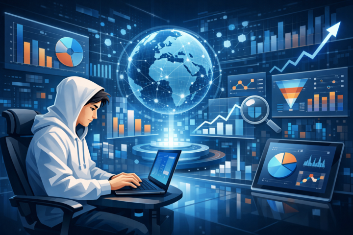 Ilustrasi proses pengambilan keputusan berbasis data dengan grafik dan teknologi digital