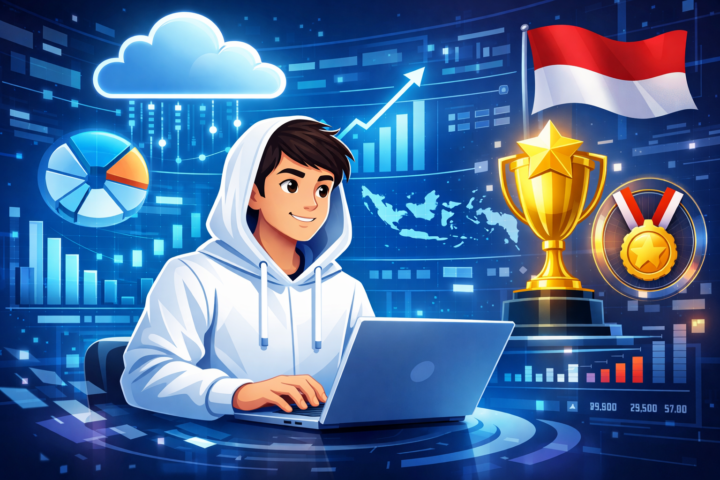 Logo Data Labs Analytics dengan latar belakang grafik data dan ikon penghargaan cloud analytics