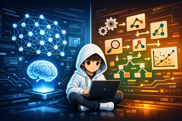 Ilustrasi perbandingan Deep Learning dan Machine Learning dengan ikon jaringan saraf dan algoritma