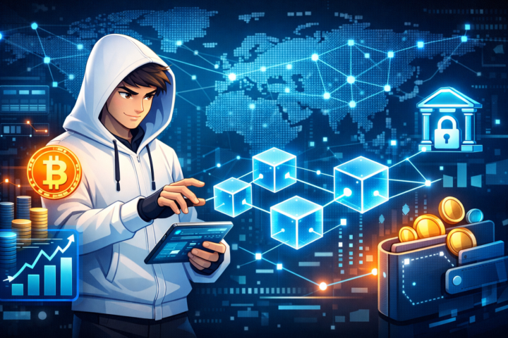 Ilustrasi konsep teknologi keuangan digital terdesentralisasi menggunakan blockchain dan jaringan finansial modern