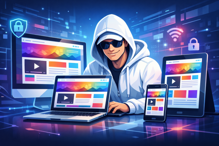 Ilustrasi desain responsif yang menampilkan website yang sama di berbagai perangkat seperti desktop, laptop, tablet, dan smartphone