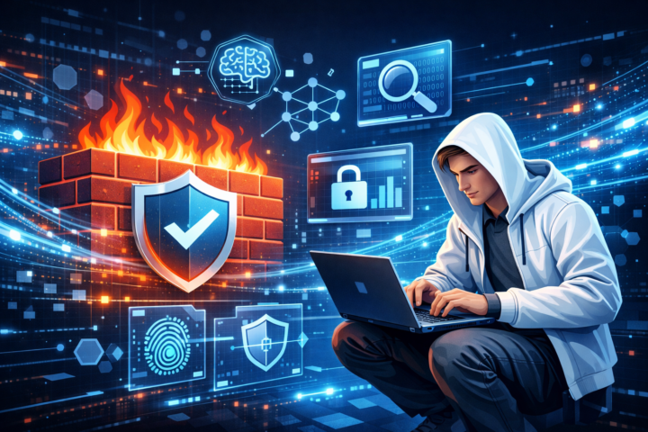 Ilustrasi firewall adaptif modern dengan ikon AI, keamanan jaringan, dan aliran data digital futuristik