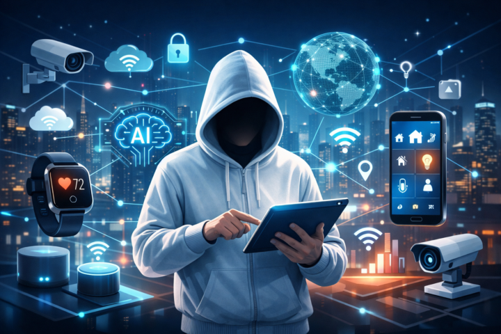 Ilustrasi ekosistem digital dengan perangkat pintar terhubung seperti smartphone, smartwatch, dan sensor IoT