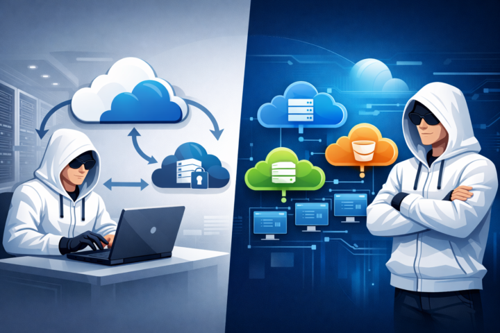 Ilustrasi perbandingan antara hybrid cloud dan multi-cloud dalam konteks bisnis
