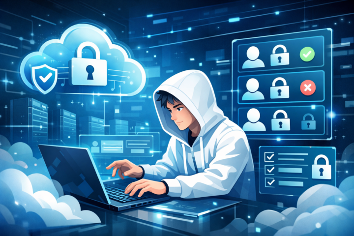 Ilustrasi keamanan cloud dengan simbol akses terkunci dan manajemen izin pengguna