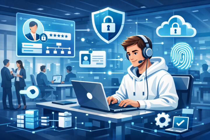 Ilustrasi organisasi yang berkembang mengimplementasikan sistem IAM dengan ikon keamanan digital