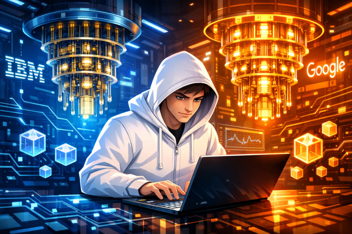 Ilustrasi teknologi quantum computing dengan logo IBM dan Google mewakili inovasi teknologi.