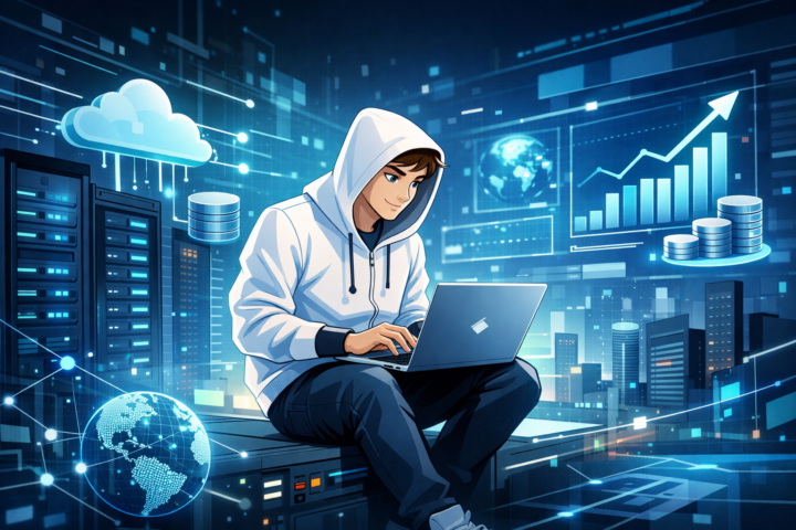 Ilustrasi infrastruktur digital modern dengan server, cloud, dan koneksi jaringan mendukung pertumbuhan bisnis