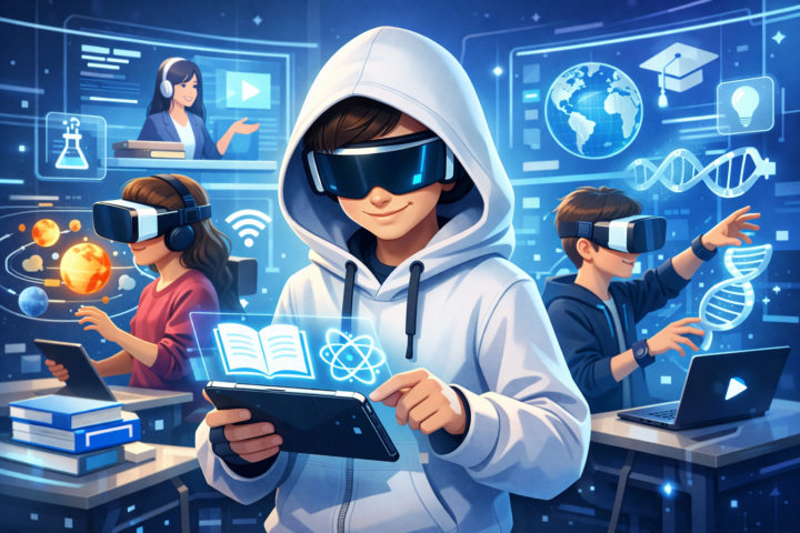 Siswa menggunakan tablet dan headset VR dalam kelas modern untuk pembelajaran digital inovatif