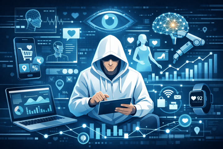 Ilustrasi konsep Internet of Behaviors dengan data analitik, AI, dan perilaku konsumen di perangkat digital