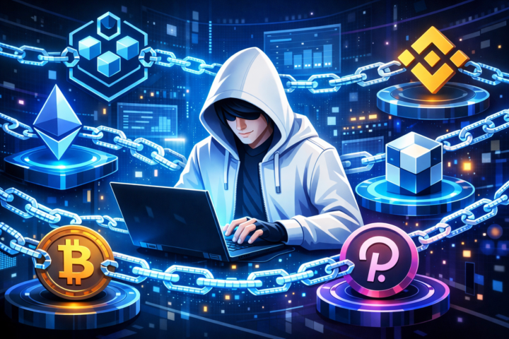 Ilustrasi jaringan blockchain yang saling terhubung menunjukkan konsep interoperabilitas blockchain