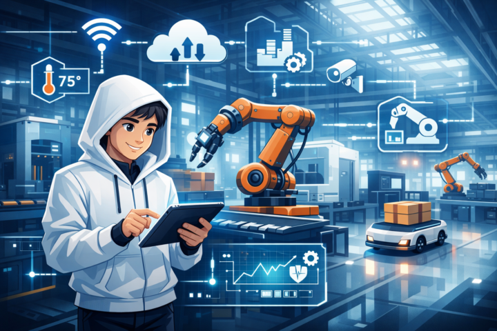 Ilustrasi perangkat IoT terhubung dalam industri dengan sensor dan mesin otomatisasi