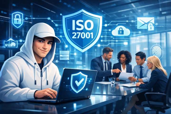 Ilustrasi bisnis menggunakan ISO 27001 untuk keamanan informasi digital dan perlindungan data perusahaan