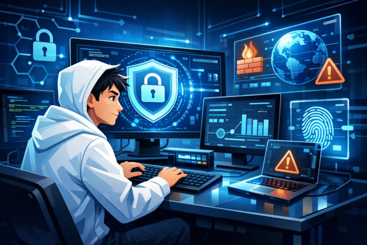 Fresh graduate belajar cybersecurity dengan kode dan grafik keamanan di layar komputer.