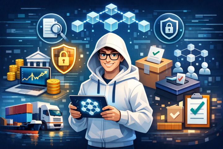 Ilustrasi penggunaan teknologi blockchain dalam keuangan, logistik, dan sistem voting yang menunjukkan transparansi dan keamanan data