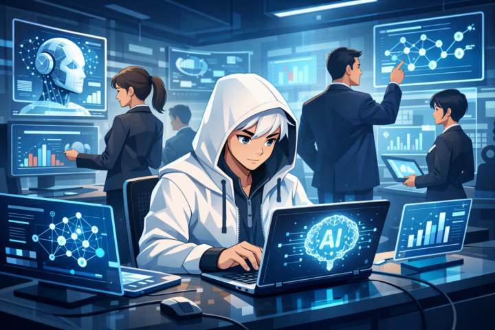Profesional di kantor menggunakan teknologi AI untuk meningkatkan efisiensi dan pengambilan keputusan dalam organisasi