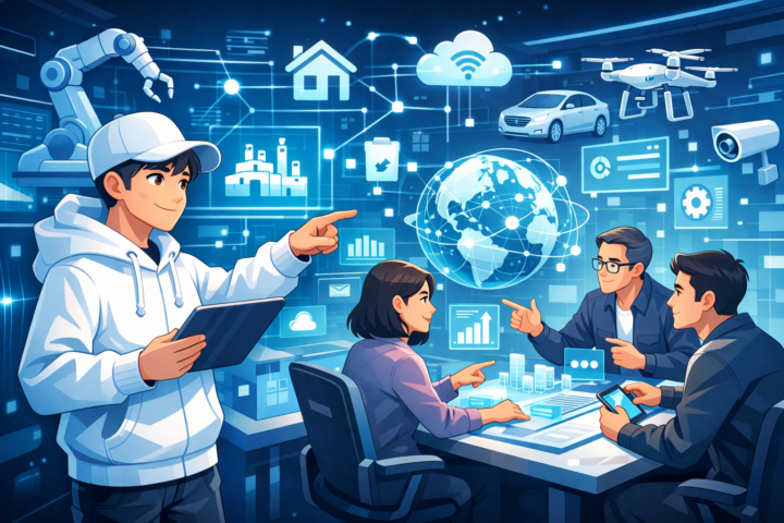 Tim organisasi merencanakan penerapan teknologi IoT dengan perangkat dan diagram jaringan di layar