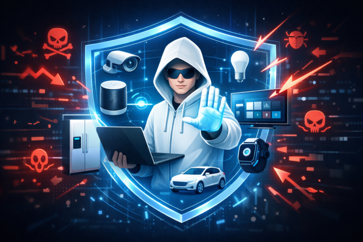 Ilustrasi perangkat IoT yang terhubung dengan perlindungan keamanan digital