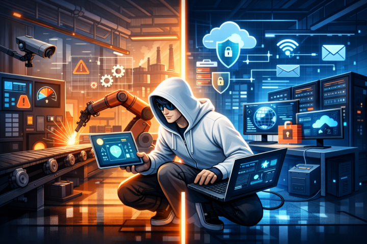 Ilustrasi perbandingan keamanan OT dan IT dengan mesin industri dan jaringan komputer