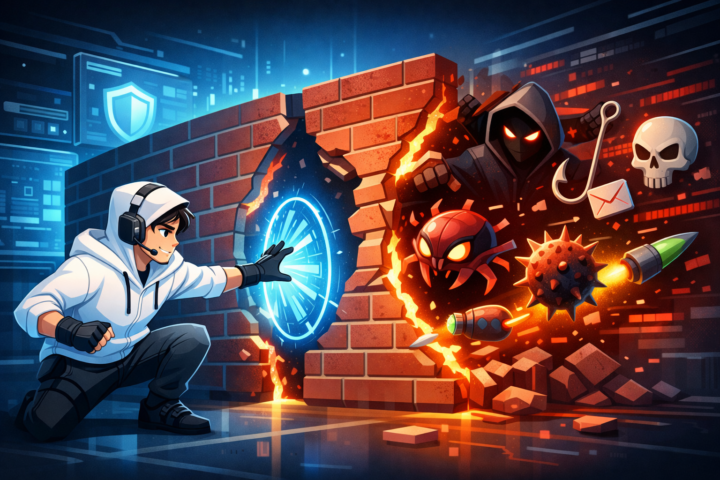 Ilustrasi firewall dengan celah keamanan yang memperlihatkan ancaman siber mencoba masuk ke jaringan digital