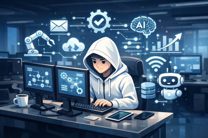 Ilustrasi otomatisasi di tempat kerja dengan ikon teknologi yang mengambang di atas komputer di ruang kantor